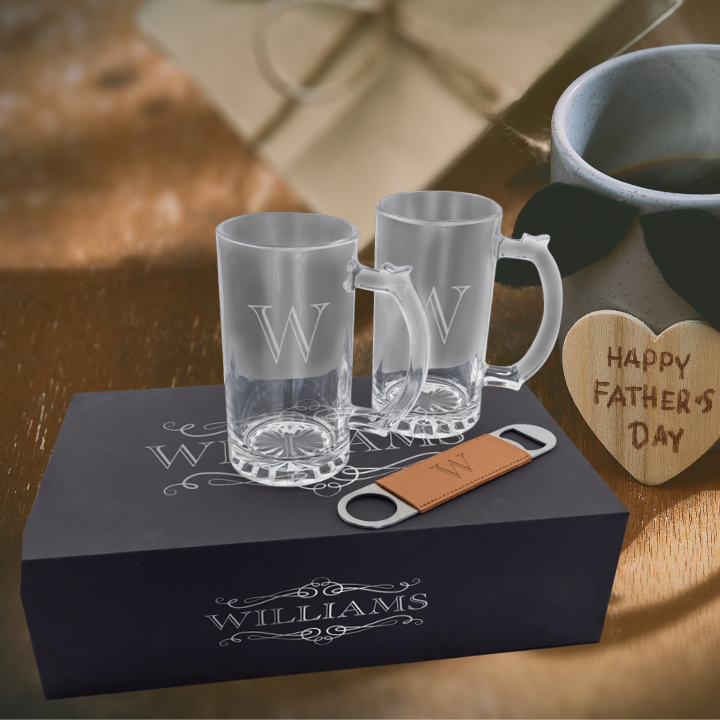 LazerBurst Beer Set with Two 14 oz. Mugs and One Rawhide Laserable Leatherette Bottle Opener-Black Lazerburst Lasers to Silver