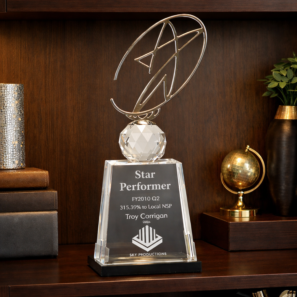 12" Clear/Black Crystal Award with Silver Metal Oval Star