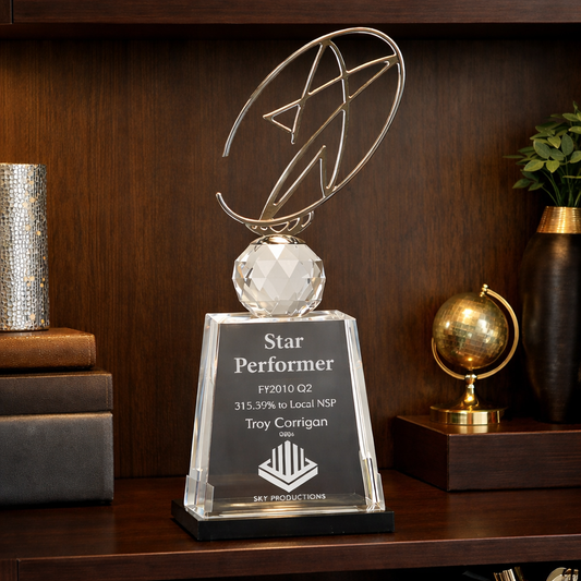 12" Clear/Black Crystal Award with Silver Metal Oval Star