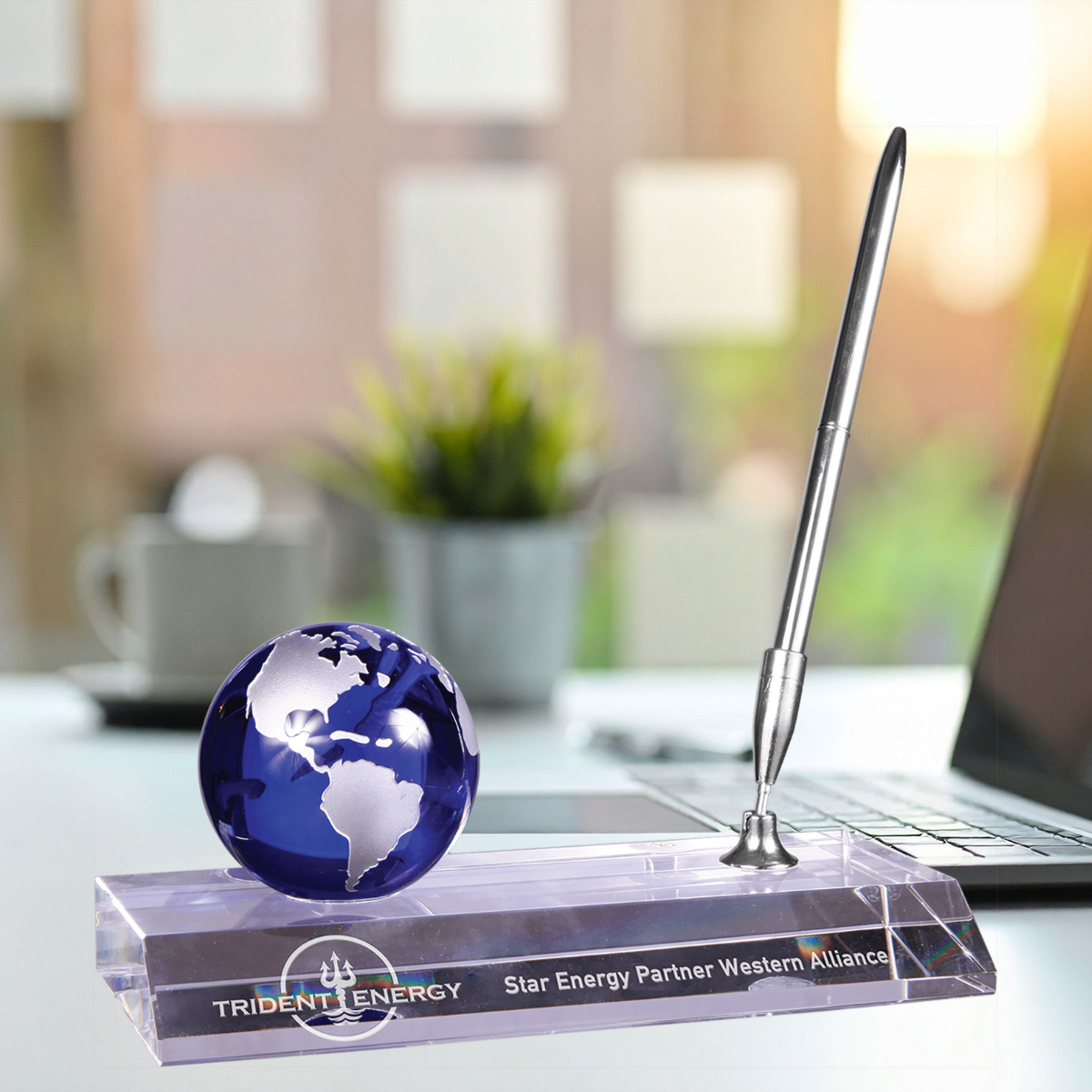 7" x 3" Blue Crystal Globe with Base and Pen