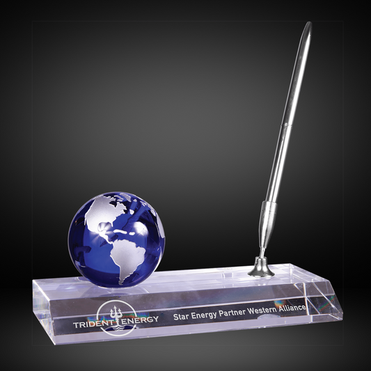 7" x 3" Blue Crystal Globe with Base and Pen