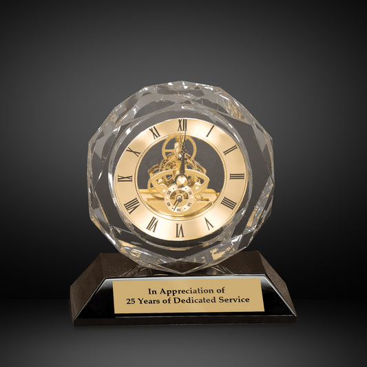 5 3/4" Clear Crystal Clock on Black Pedestal Base