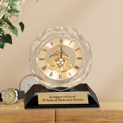 5 3/4" Clear Crystal Clock on Black Pedestal Base