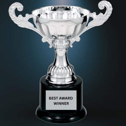 6 1/2" Silver Completed Metal Cup Trophy on Plastic Base