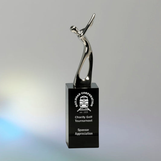 8 1/2" Silver Metal Golf Figure on Black Crystal Pedestal