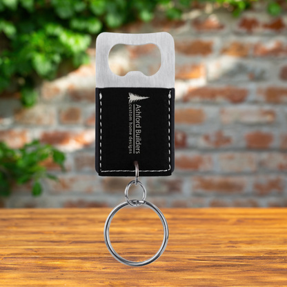 Keychain with Bottle Opener in Stainless Steel and Leatherette in a variety of Leather Colors
