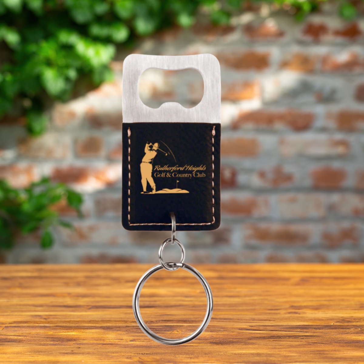 Keychain with Bottle Opener in Stainless Steel and Leatherette in a variety of Leather Colors