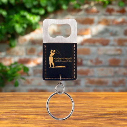 Keychain with Bottle Opener in Stainless Steel and Leatherette in a variety of Leather Colors