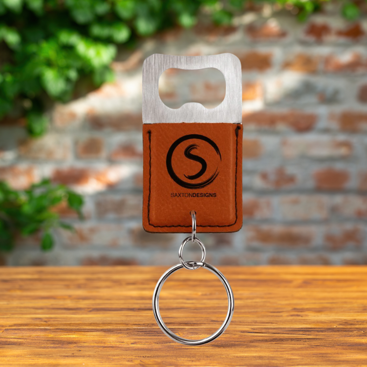 Keychain with Bottle Opener in Stainless Steel and Leatherette in a variety of Leather Colors