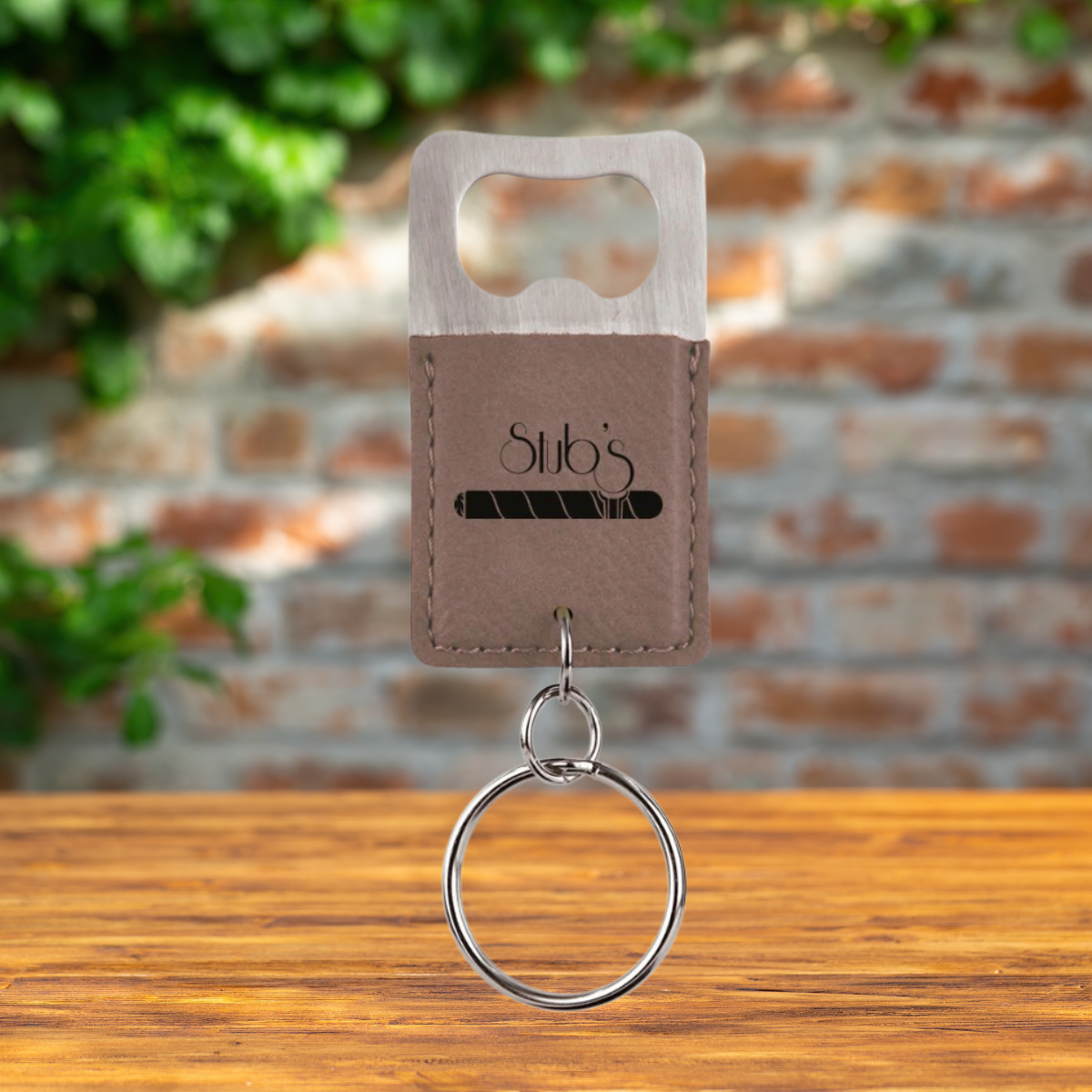 Keychain with Bottle Opener in Stainless Steel and Leatherette in a variety of Leather Colors