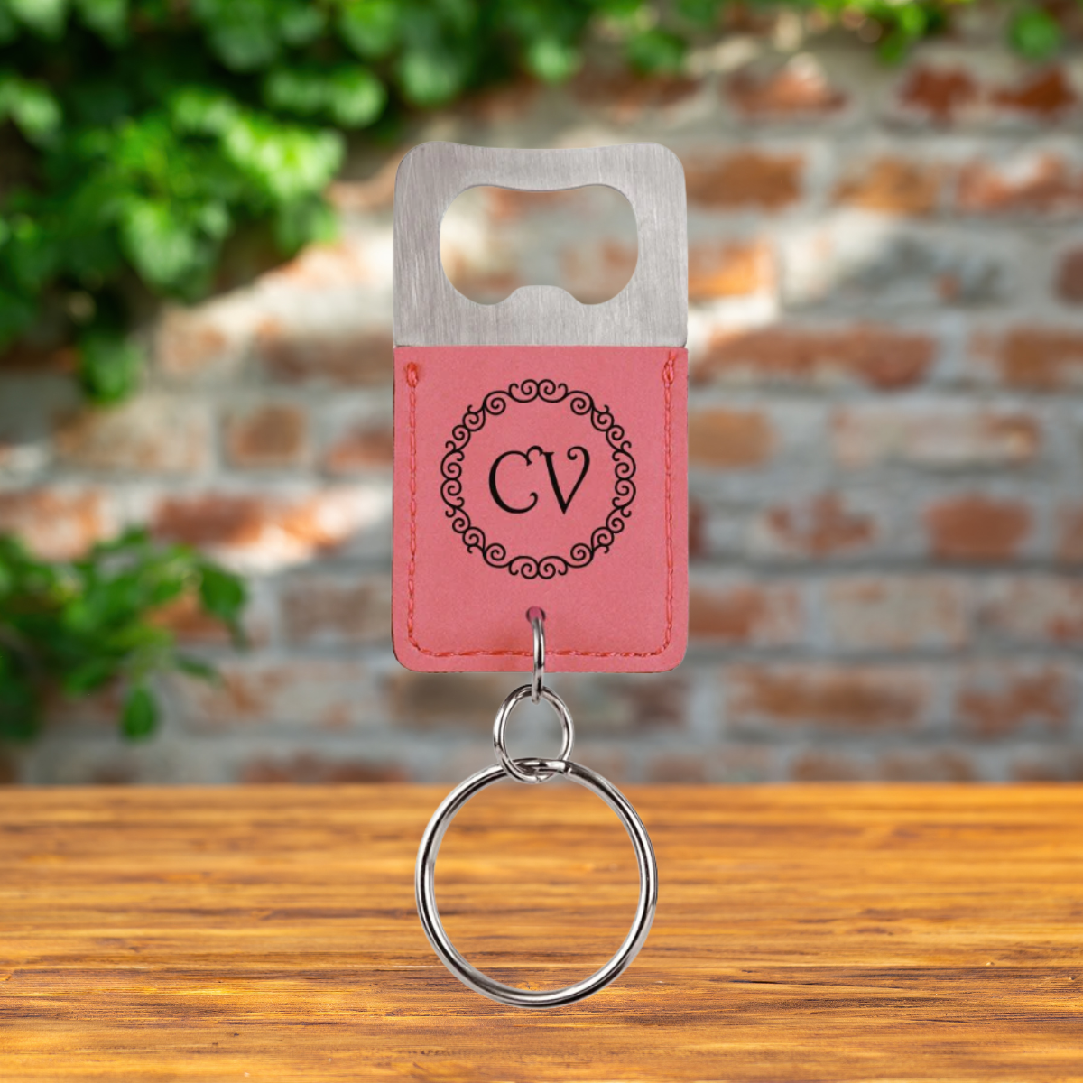 Keychain with Bottle Opener in Stainless Steel and Leatherette in a variety of Leather Colors