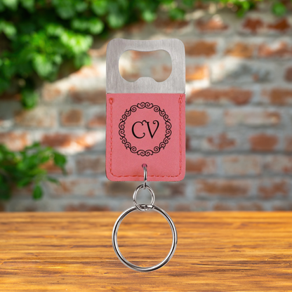 Keychain with Bottle Opener in Stainless Steel and Leatherette in a variety of Leather Colors