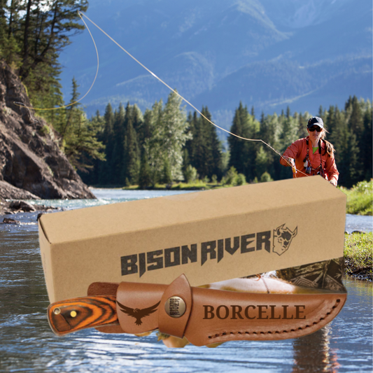 Bison River Knife with Wood Fixed Blade and Leather Sheath