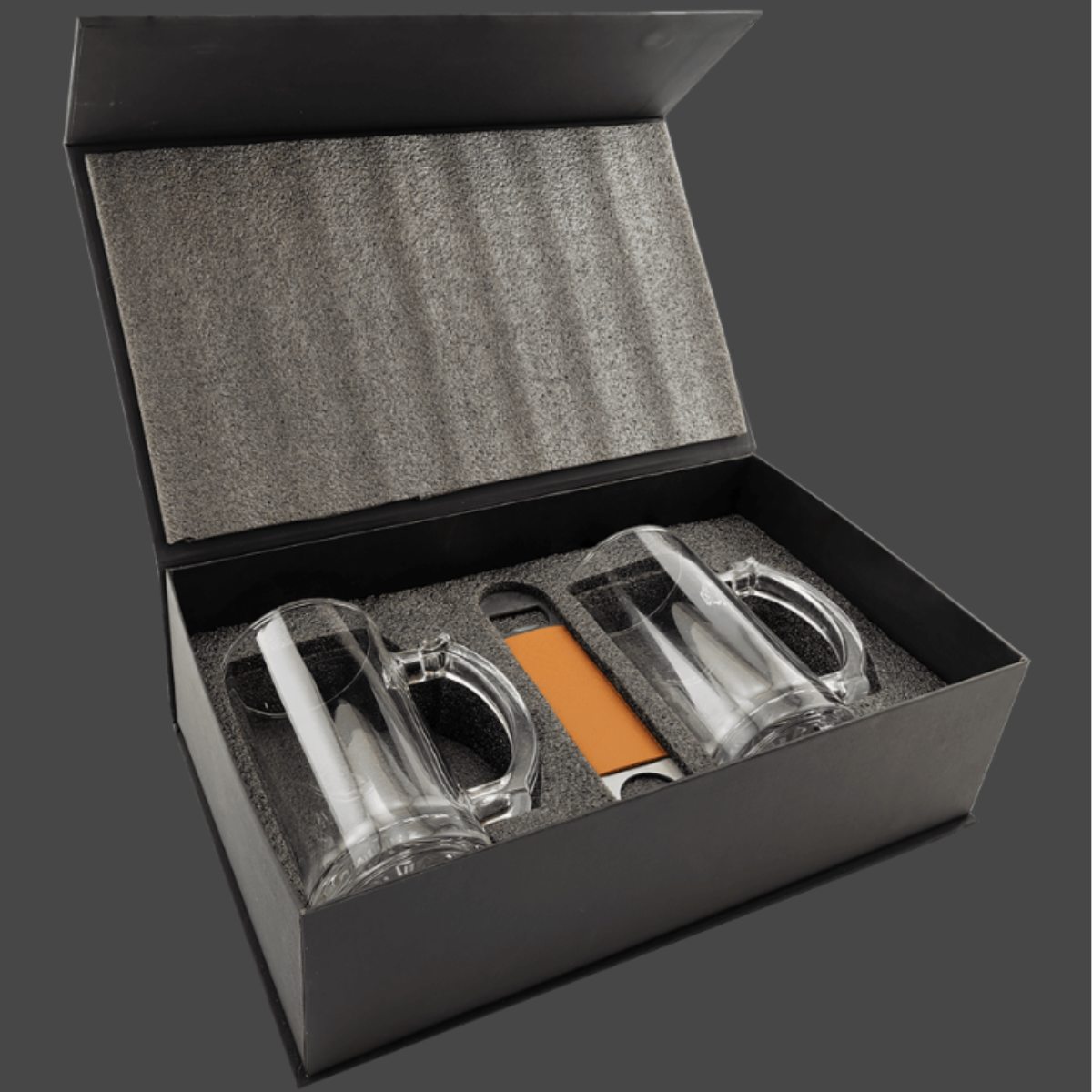 LazerBurst Beer Set with Two 14 oz. Mugs and One Rawhide Laserable Leatherette Bottle Opener-Black Lazerburst Lasers to Silver