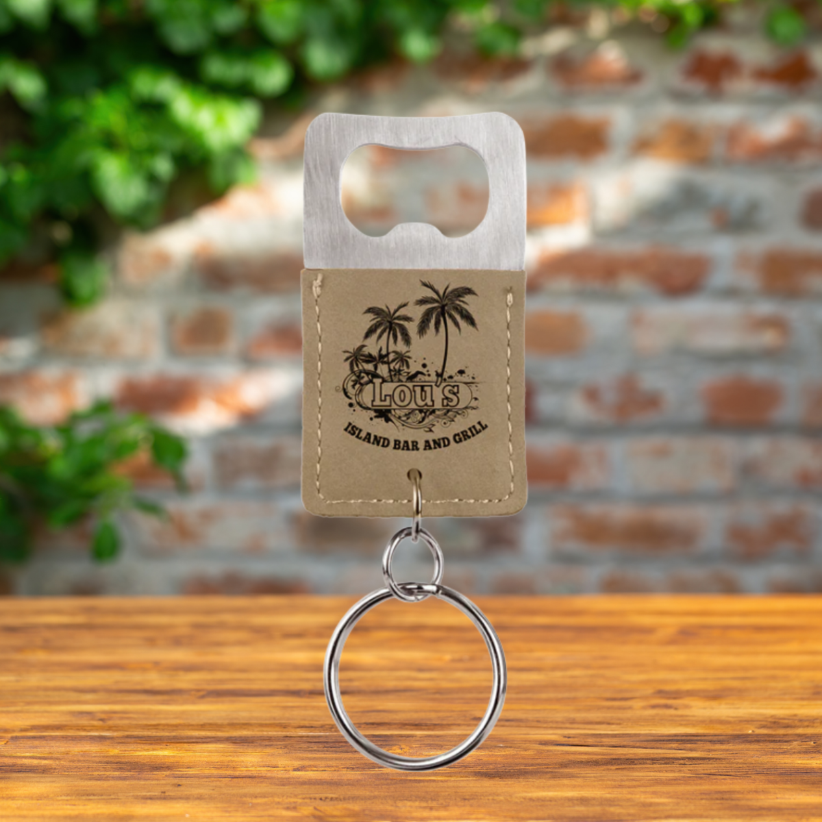 Keychain with Bottle Opener in Stainless Steel and Leatherette in a variety of Leather Colors