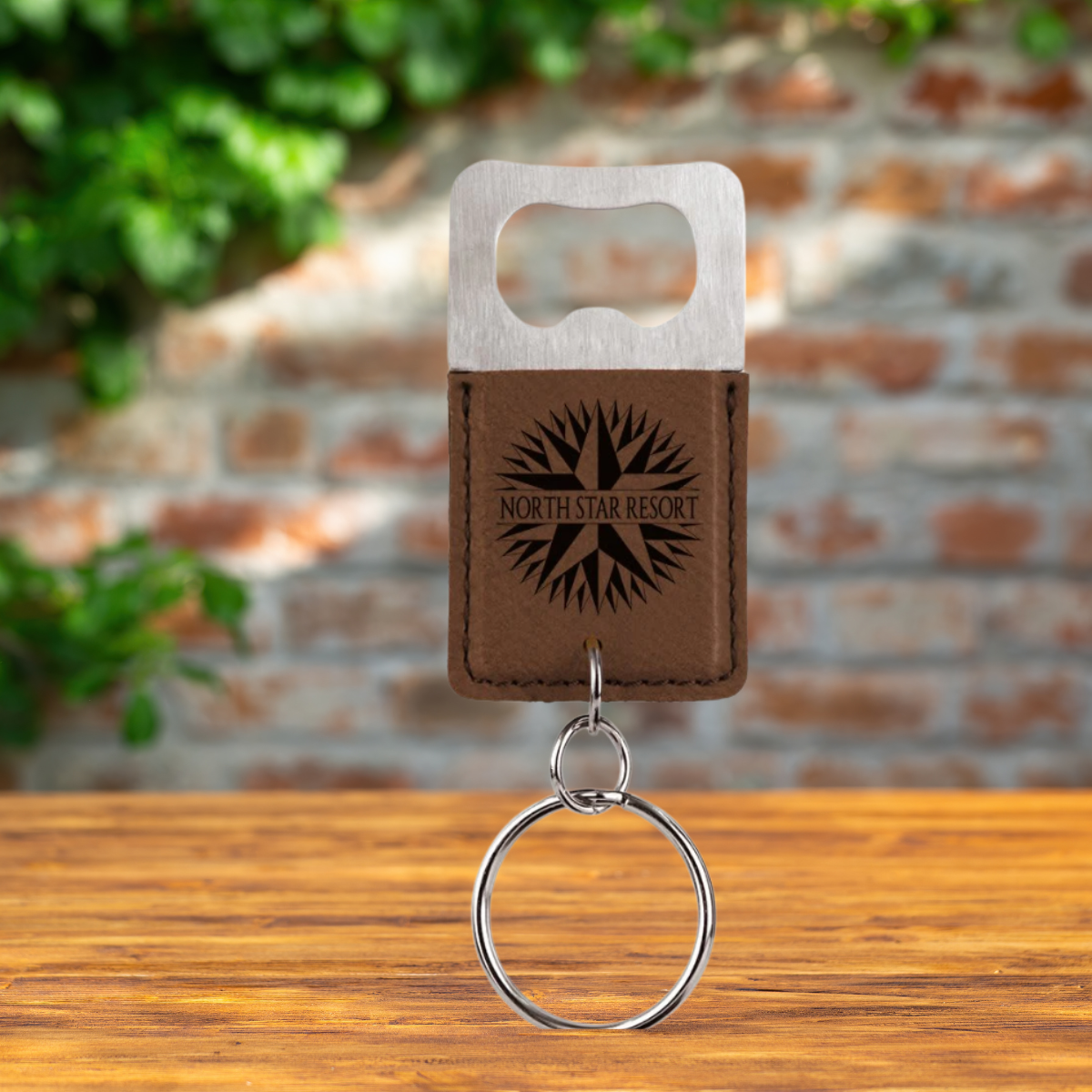 Keychain with Bottle Opener in Stainless Steel and Leatherette in a variety of Leather Colors