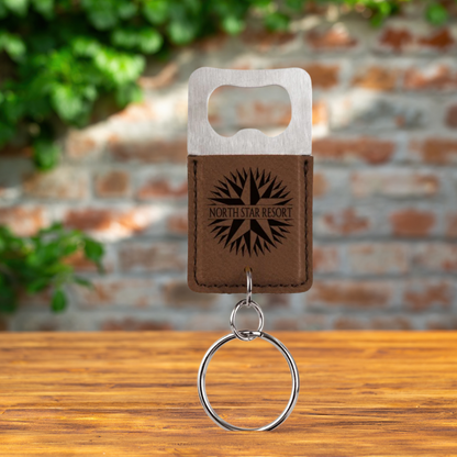Keychain with Bottle Opener in Stainless Steel and Leatherette in a variety of Leather Colors