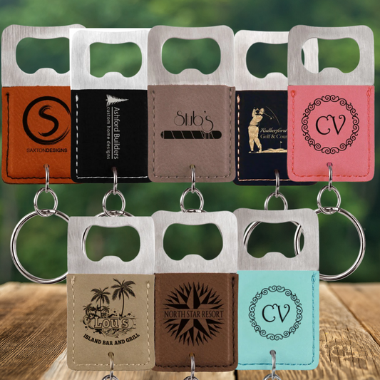 Keychain with Bottle Opener in Stainless Steel and Leatherette in a variety of Leather Colors