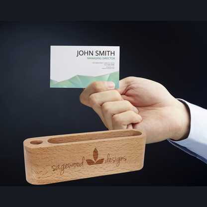 5 1/4" Beech Wood Business Card and Pen Holder