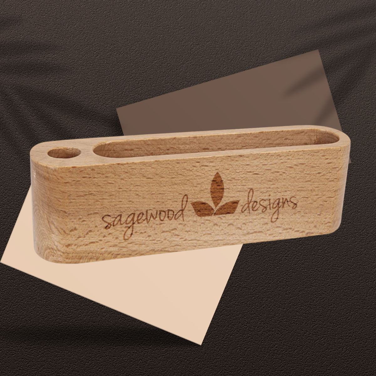5 1/4" Beech Wood Business Card and Pen Holder