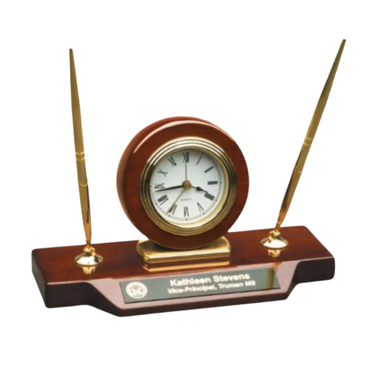 9" x 4 3/4" Piano Finish Desk Clock on Base with 2 Pens