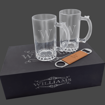 LazerBurst Beer Set with Two 14 oz. Mugs and One Rawhide Laserable Leatherette Bottle Opener-Black Lazerburst Lasers to Silver