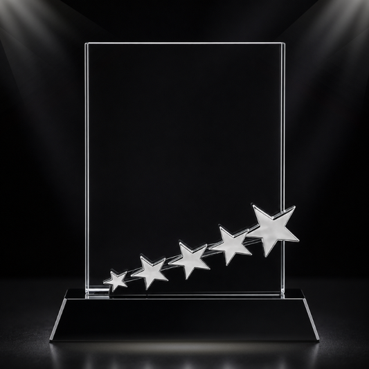 7" Rectangle Crystal with Silver Stars on Black Pedestal Base