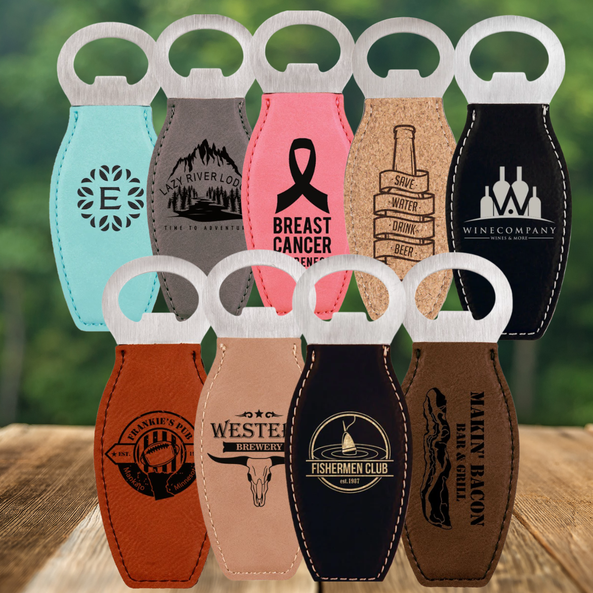 Leatherette and Stainless Steel Bottle Opener with Magnet in a variety of Leather Colors