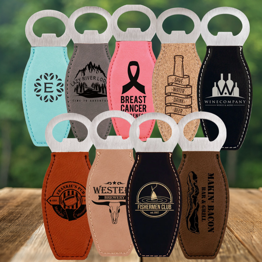 Leatherette and Stainless Steel Bottle Opener with Magnet in a variety of Leather Colors