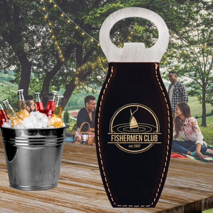 Leatherette and Stainless Steel Bottle Opener with Magnet in a variety of Leather Colors