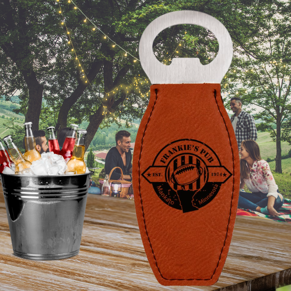 Leatherette and Stainless Steel Bottle Opener with Magnet in a variety of Leather Colors